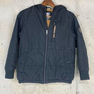 Timberland black puffer hooded zip up kids coat fleece lined boys 8